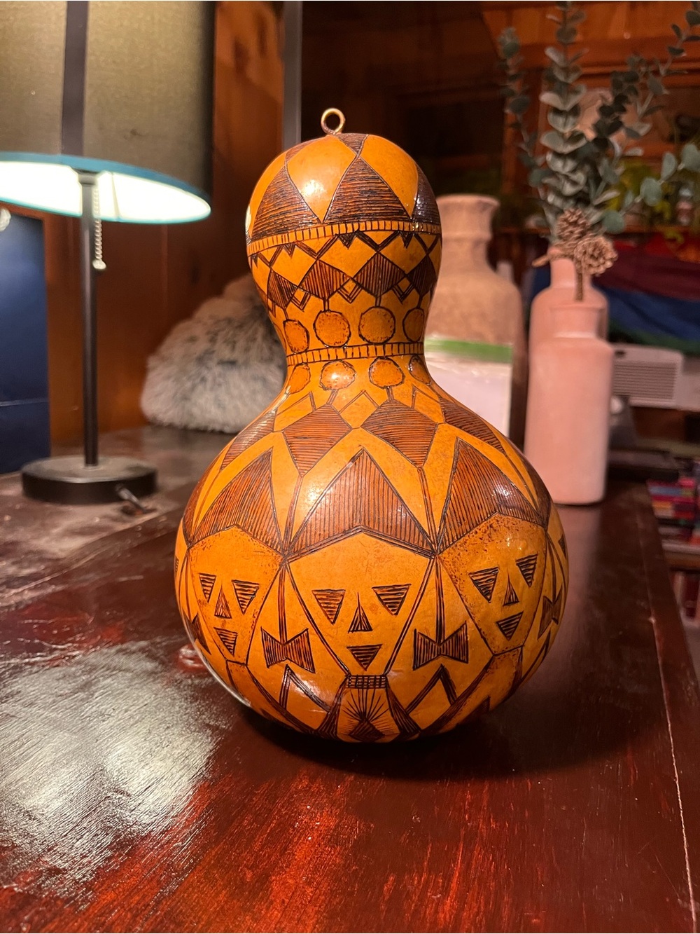 Handcrafted Decorative Gourd with Geometric Carvings Sudan 1983 Vinyage